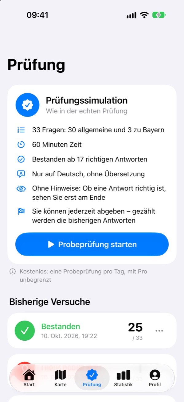Prüfungssimulation: 33 Fragen, 60 Minuten, bestanden ab 17 richtigen Antworten