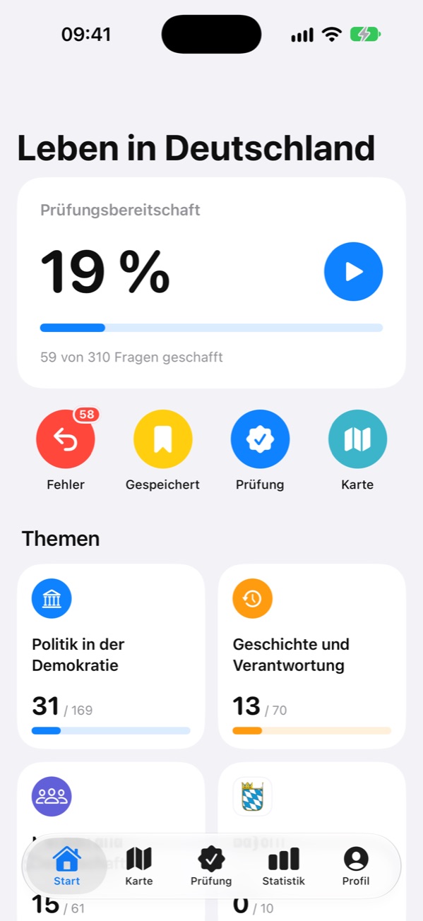 Startbildschirm: Prüfungsbereitschaft in Prozent und die Themen des Katalogs