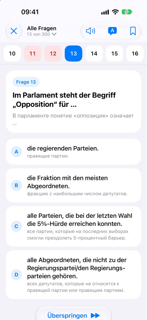 Frage auf Deutsch mit Übersetzung unter der Frage und unter jeder Antwort